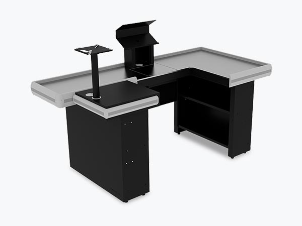 checkout de supermercado na cor preta coma superfície em alumínio prata