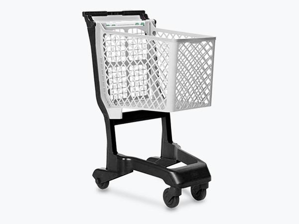 carrinho de supermercado em plastico com a cesta para guardar os item e branca e a estrutura do carrinho e preta