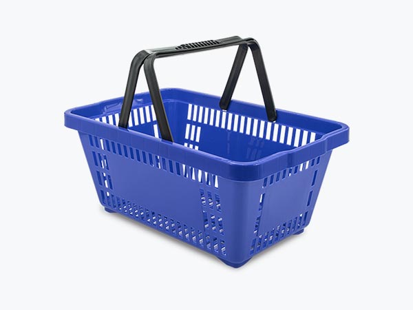 imagem de cesta de supermercado azul com duas alças articuladas pretas
