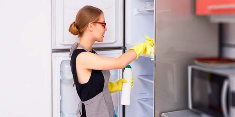 Mulher limpando a geladeira