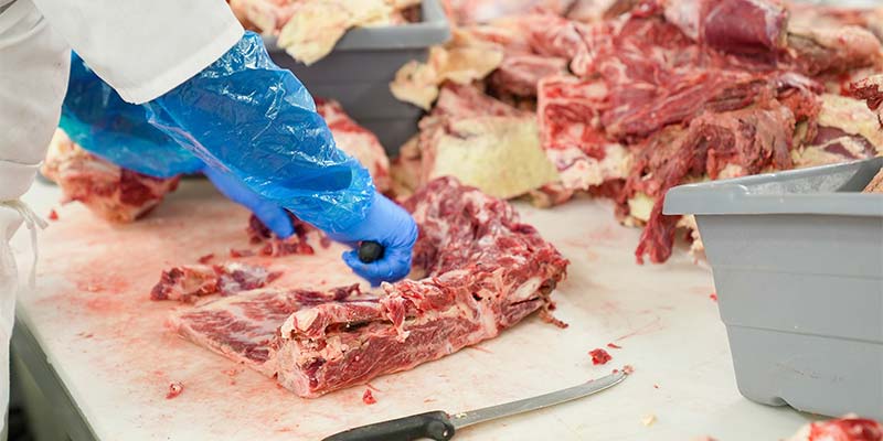 Pessoa de luva azul realizando cortes de carne