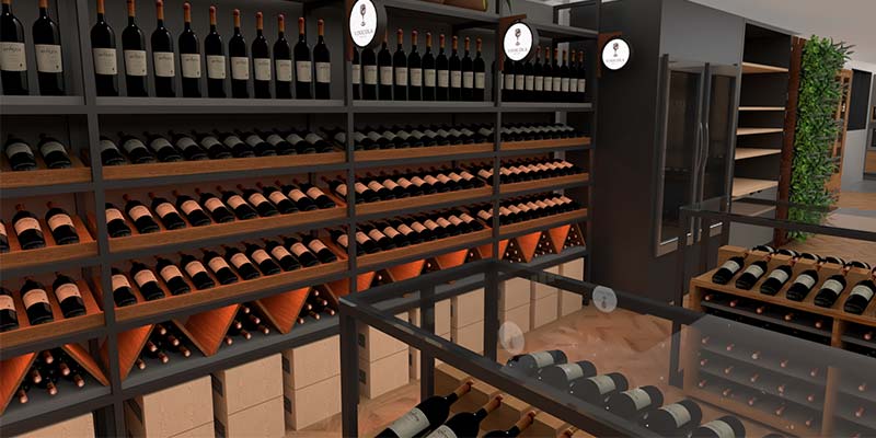 Imagem de uma adega com muitas garrafas de vinho